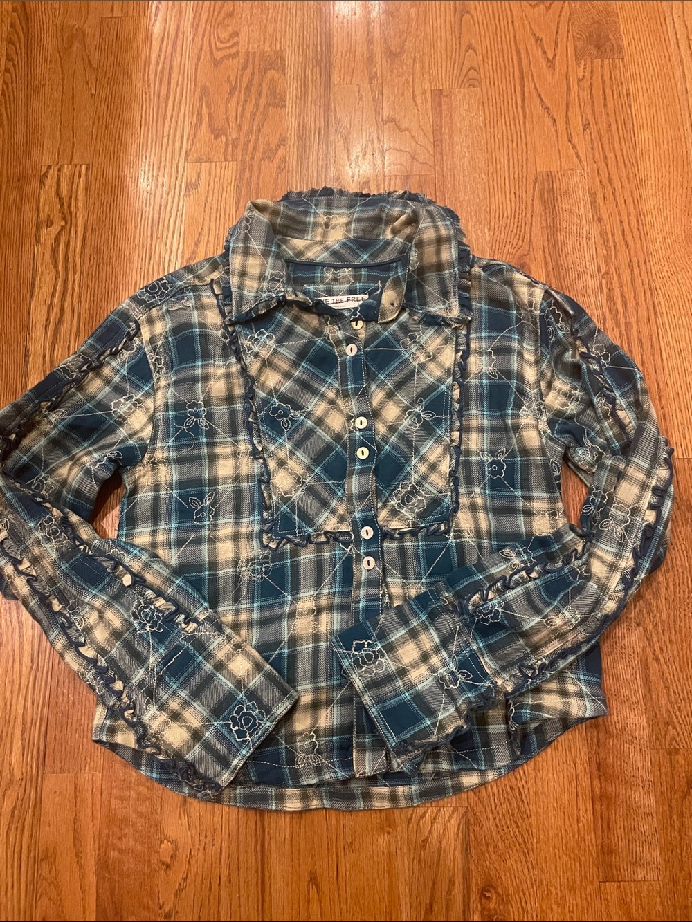 We The Free Blue and White Plaid Button-Down Shirt